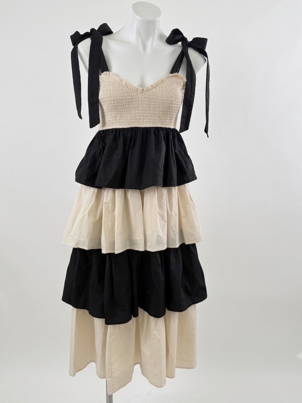 NEW LOVELO Smocked Tiered Maxi Dress Tie-Shoulder in Black and Cream MEDIUM